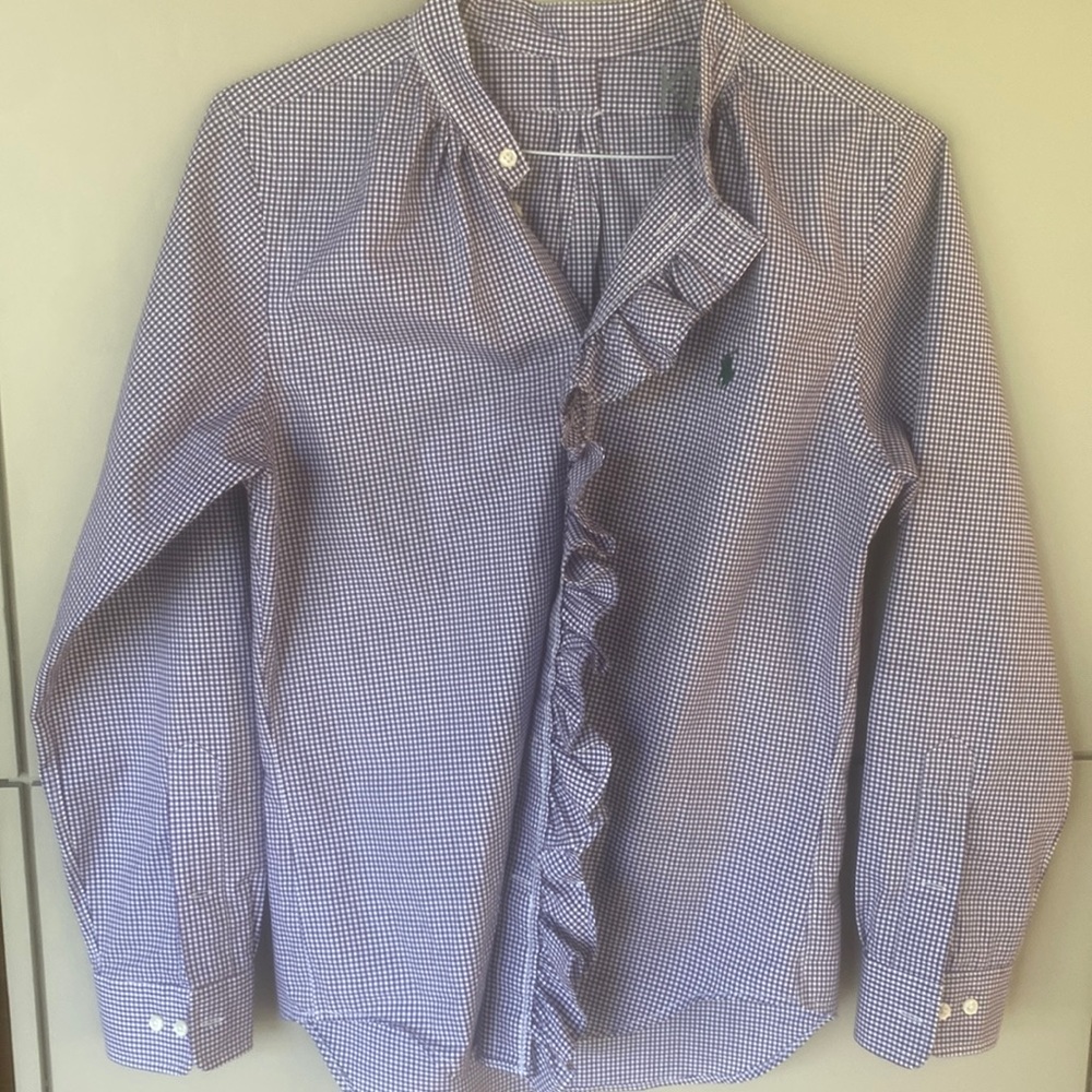 KMJ womens ruffled gingham Ralph Lauren shirt size xs but is really more like M